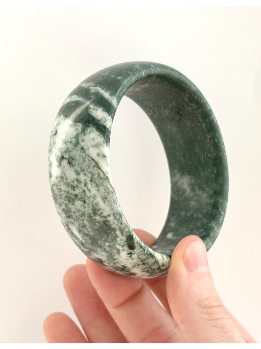 Natural Green Moss Agate Stone Vintage Chunky Round Polished Bangle Bracelet